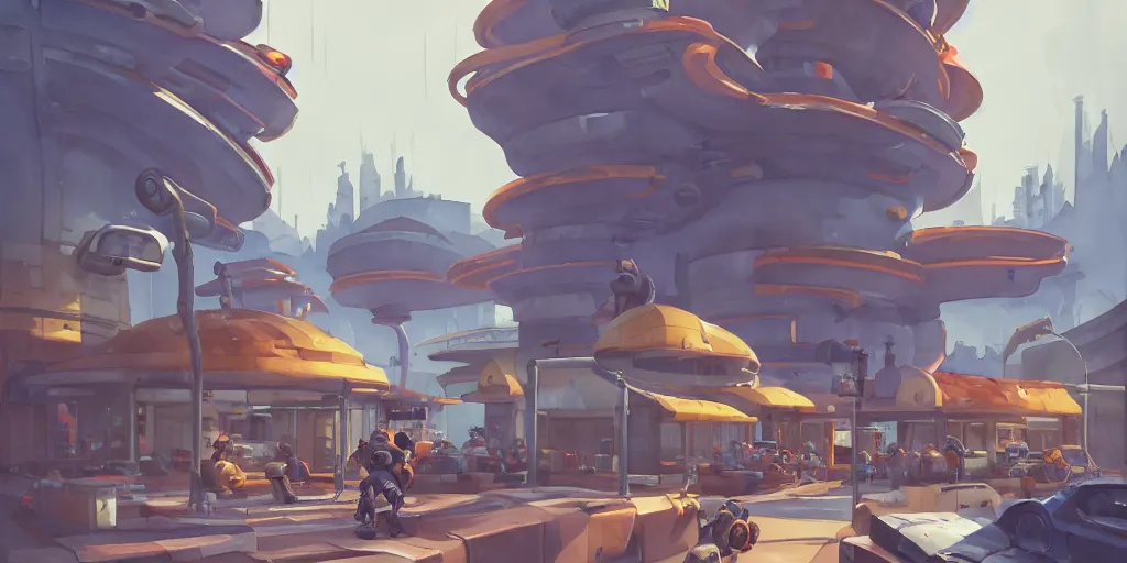 Image similar to overwatch building, stylized, exterior, architecture, in watercolor gouache detailed paintings, insanely detail, artstation, 8 k, futuristic, big medium small, arcane, simon stalenhag, food stall, interesting shapes & form, golden ratio, megastructures, vitaly bulgarov