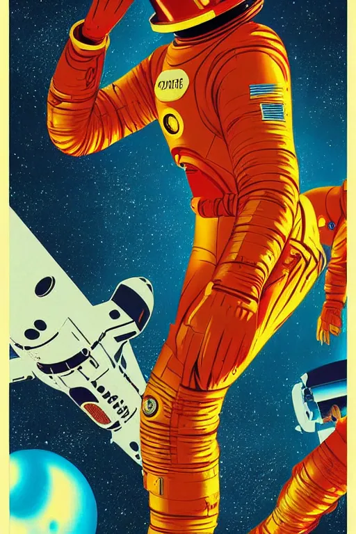 Image similar to poster art, movie poster, retrofuturism, sci - fi, textured, paper texture, 2 0 0 1 : a space odyssey by edward valigursky, red and yellow space suits