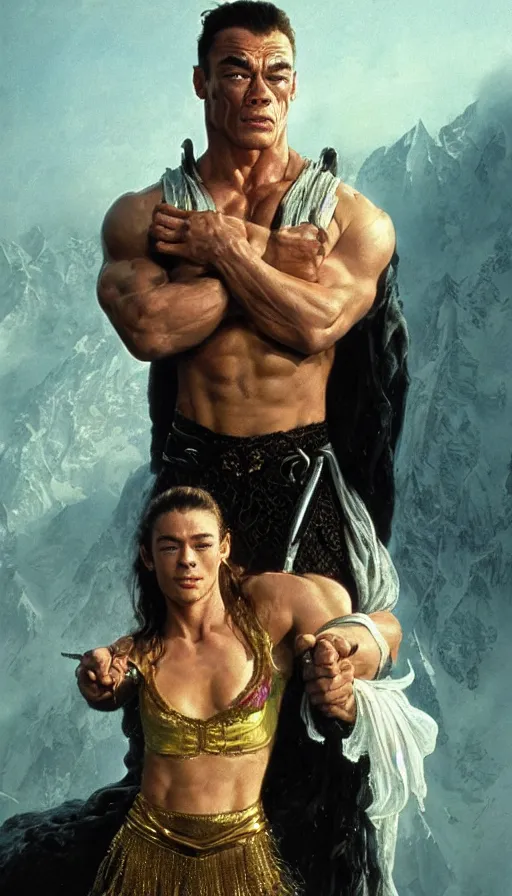 Prompt: young jean claude van damme and a young peasent woman, lord of the rings, conan, amazing beauty, visor, neon tattoo, styled hair, decorated ornaments by carl spitzweg, ismail inceoglu, vdragan bibin, hans thoma, greg rutkowski, alexandros pyromallis, perfect face, fine details, realistic shaded