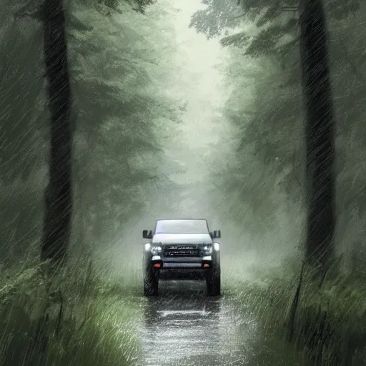 Image similar to a landrover crossing a forest path while its raining, digital art, artstation, photgraphy, highly detailed, digital painting, artstation, concept art, sharp focus, illustration, art by greg rutkowski and artgerm