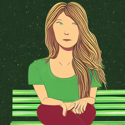 Image similar to a full - frame illustration of young woman with long blond hair sitting on a green bench with her head in her hands, digital art