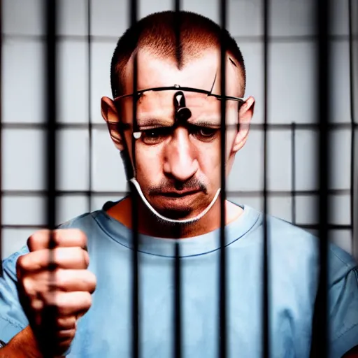 Image similar to angry prisoner alone in his cell setting up a video call using an ipad, photorealistic, frustrated expression, dark