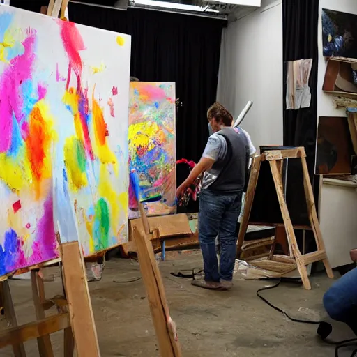 Image similar to An artist is standing in his studio furiously throwing paint around, in the background you can see numerous canvases with simple cat drawings