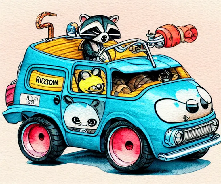 Image similar to cute and funny, racoon wearing a helmet riding in a tiny hot rod with oversized engine, ratfink style by ed roth, centered award winning watercolor pen illustration, isometric illustration by chihiro iwasaki, edited by range murata, tiny details by artgerm and watercolor girl, symmetrically isometrically centered