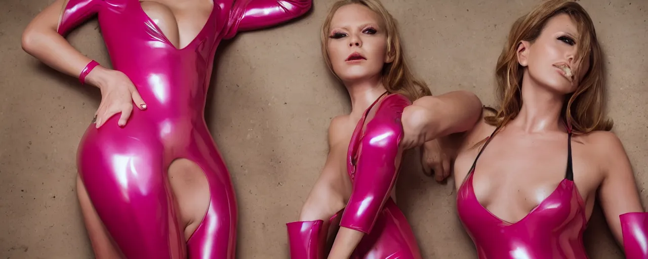 Image similar to female model in highly shiny pink latex catsuit, photorealistic details, 8k cinematic, portrait shot, Jamie Nelson photography, bokeh