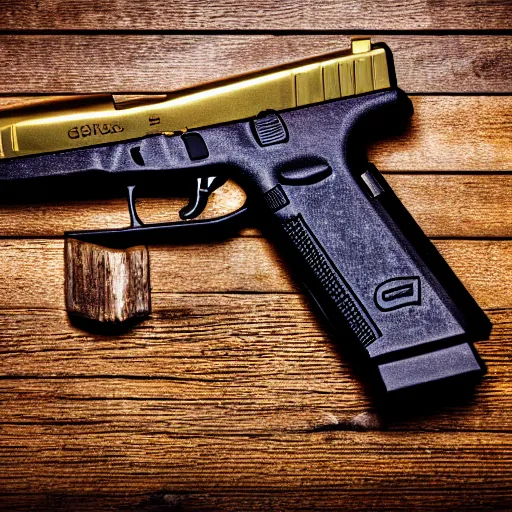Prompt: a medium shot photograph of a gold glock 18 on a wooden background