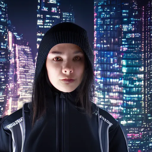 Image similar to photographic portrait of a techwear woman, closeup, on the rooftop of a futuristic city at night, sigma 8 5 mm f / 1. 4, 4 k, depth of field, high resolution, 4 k, 8 k, hd, full color