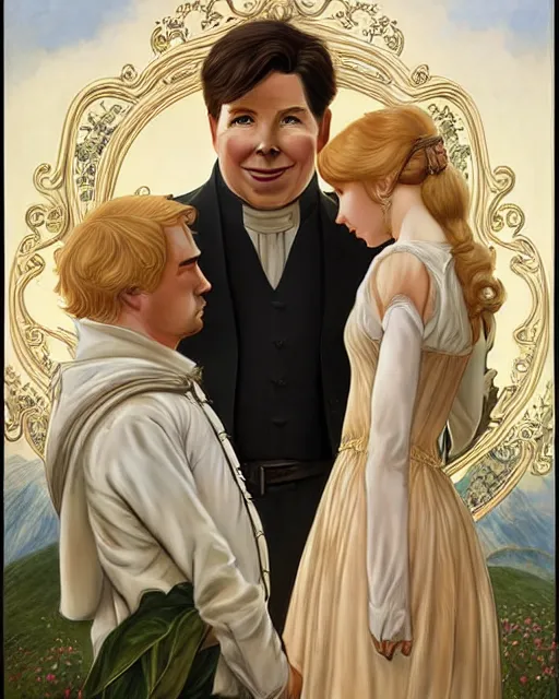 Image similar to Portrait of a  blonde lady and Michael mcintyre as characters in the Sound of Music,real life skin, intricate, elegant, highly detailed, artstation, concept art, smooth, sharp focus, art by artgerm and greg rutkowski and alphonse mucha