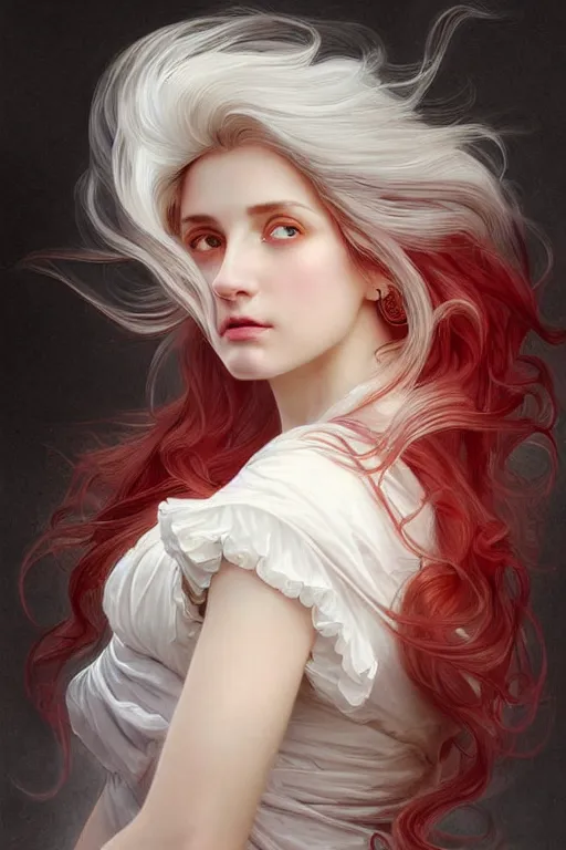 Image similar to portrait of white ghost, dark fantasy, gradient white red grey, dreamy and ethereal, brown eyes, golden ratio, peaceful expression, ornate frilly dress, fantasy, intricate, elegant, clouds and wind, highly detailed, digital painting, artstation, concept art, smooth, b sharp focus, illustration, art by artgerm and greg rutkowski and alphonse mucha