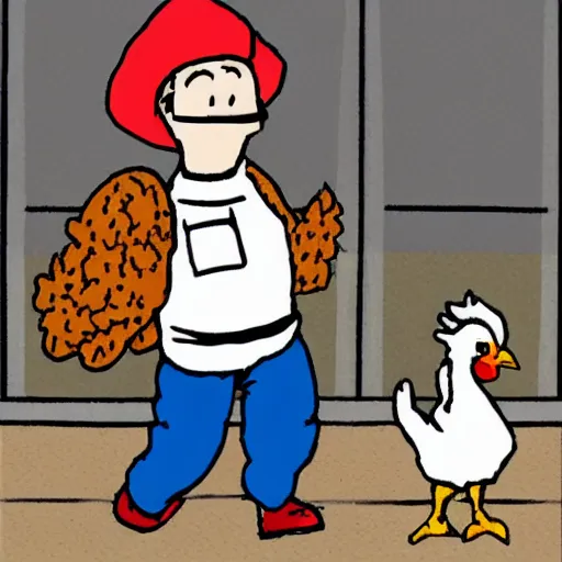 Prompt: chicken with clothes as an inmate