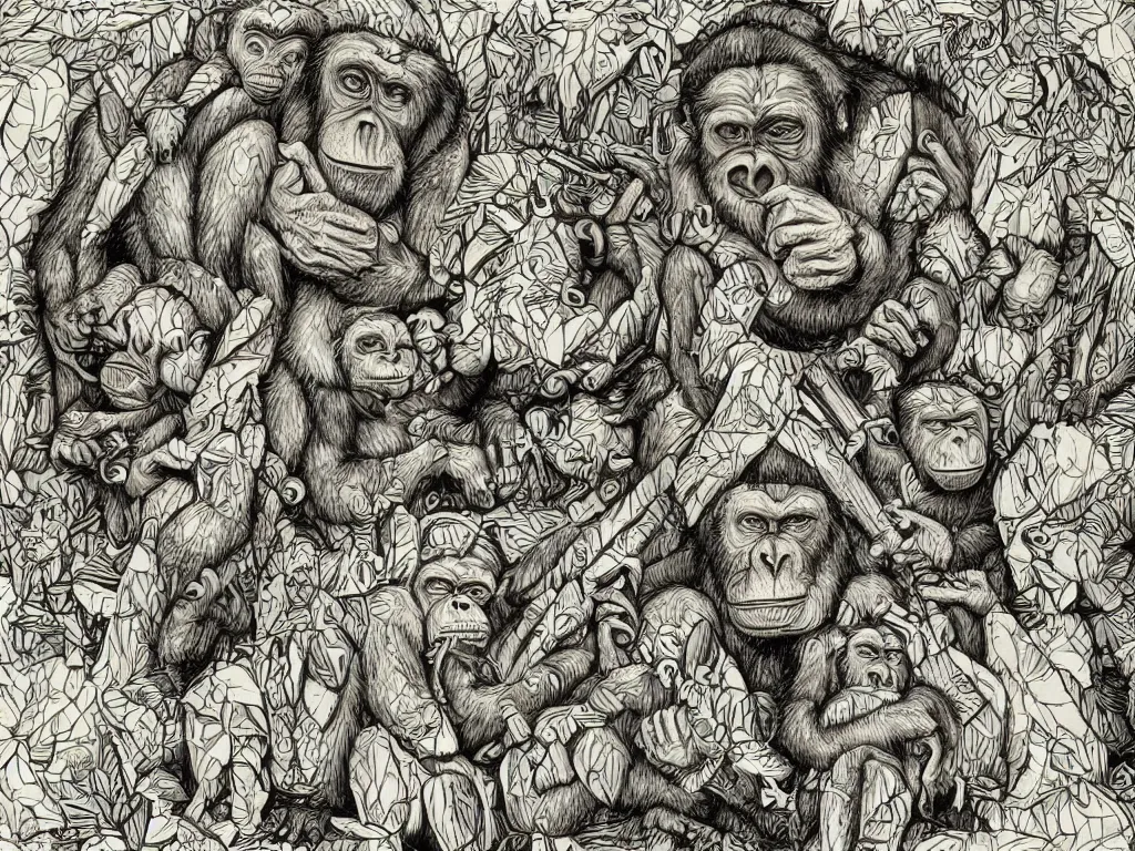 Image similar to bored ape club monkeies by Chor Boogie, intricate details, ultra detailed, 4K, award-winning, touch of M. C. Escher and Salvador Dali