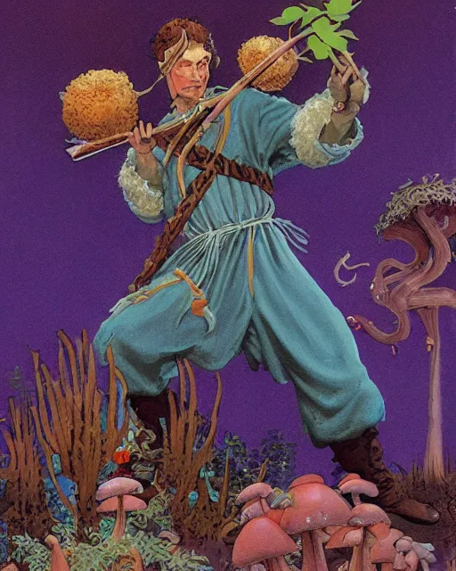 Image similar to moonshine cybin hirsute epic level dnd crick elf spore druid, wielding a magical sword, wearing magical overalls. covered in various fungi. full character concept art, realistic, high detail digital gouache painting by angus mcbride and michael whelan and jeffrey jones.