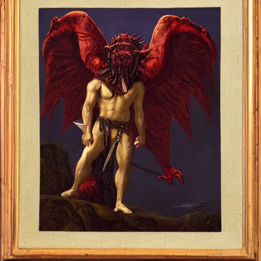 Image similar to Mixed media art. a large, muscular demon-like creature with wings, standing in a dark, hellish landscape. The creature has red eyes and sharp teeth, and is holding a large sword in one hand. by Jimmy Ernst, by Martin Johnson Heade mild