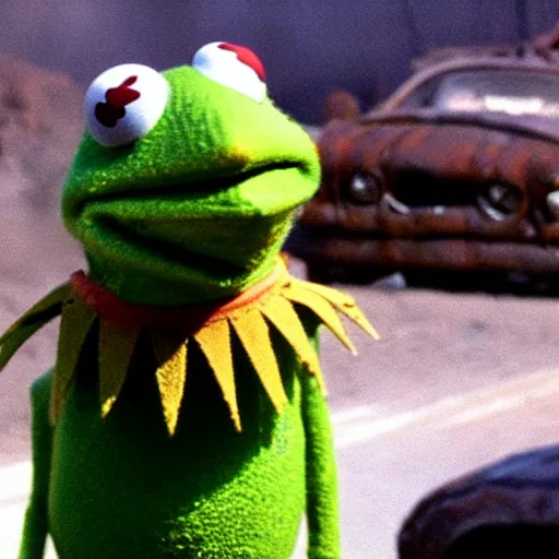 Image similar to kermit the frog in a scene from mad max