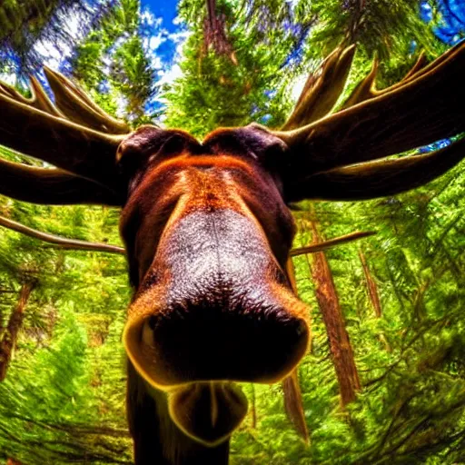 Prompt: close - up photo of a moose, fisheye