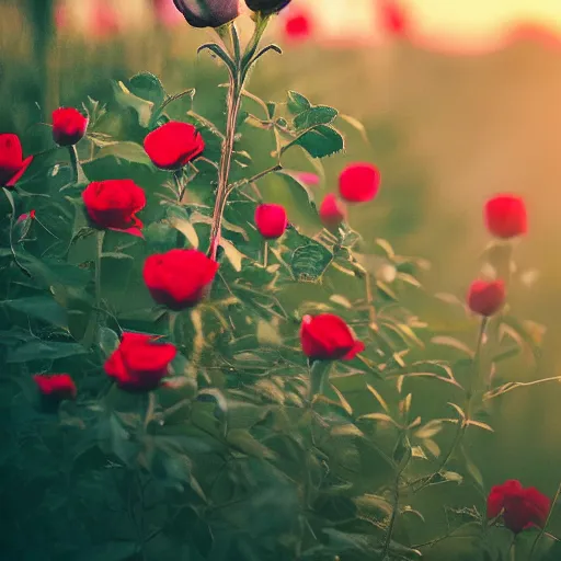 Prompt: photo of a dark tower in the center of a field of roses. golden hour. photorealism. 4 k trends on artstation. national geographic. photography on iphone