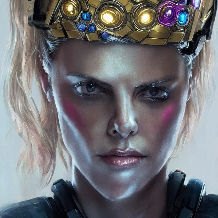 Prompt: portrait of Charlize Theron, wearing The Infinity Gauntlet. intricate artwork. by Tooth Wu, wlop, beeple, dan mumford. octane render, trending on artstation, greg rutkowski very coherent symmetrical artwork. cinematic, hyper realism, high detail, octane render, 8k, iridescent accents