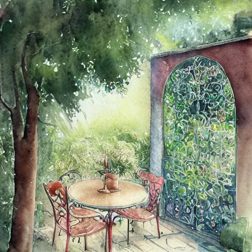 Prompt: delicate, chairs, garden, paved, botanic watercolors, iridescent, 8 k, realistic shaded, fine details, artstation, italian, iron gate, tree, mediterranean
