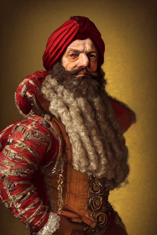 Prompt: portrait, headshot, digital painting, of a 17th century, regal, bearded, wrinkled, middle eastern, decadent, cyborg nobleman, turban, amber jewels, baroque, ornate dark red opulent clothing, scifi, futuristic, realistic, brass, hyperdetailed, concept art, chiaroscuro, Frans Hals style