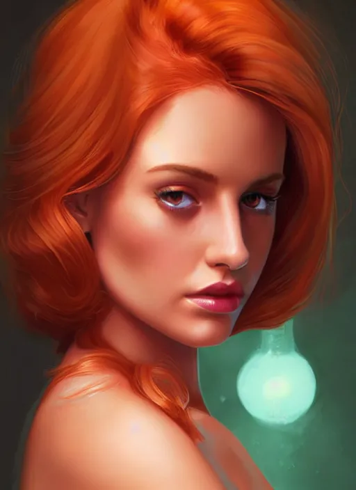 Image similar to full body portrait of teenage cheryl blossom, bangs, green eyes, sultry expression, red hair, sultry smirk, bangs and wavy hair, bangs, intricate, elegant, glowing lights, highly detailed, digital painting, artstation, concept art, smooth, sharp focus, illustration, art by wlop, mars ravelo and greg rutkowski