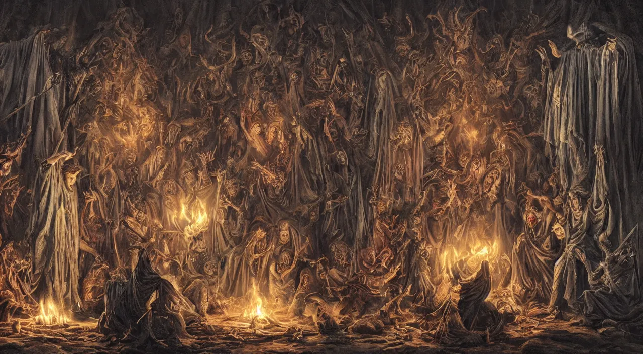 Image similar to painting of evil occult ritual with hooded cult members worship demonic shrine, ultra realistic, concept art, intricate details, eerie highly detailed