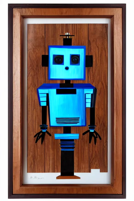 Prompt: A beautiful professional robot portrait, of an elder statesrobot by Bachrach Studios, 1980s, in an classy wooden frame