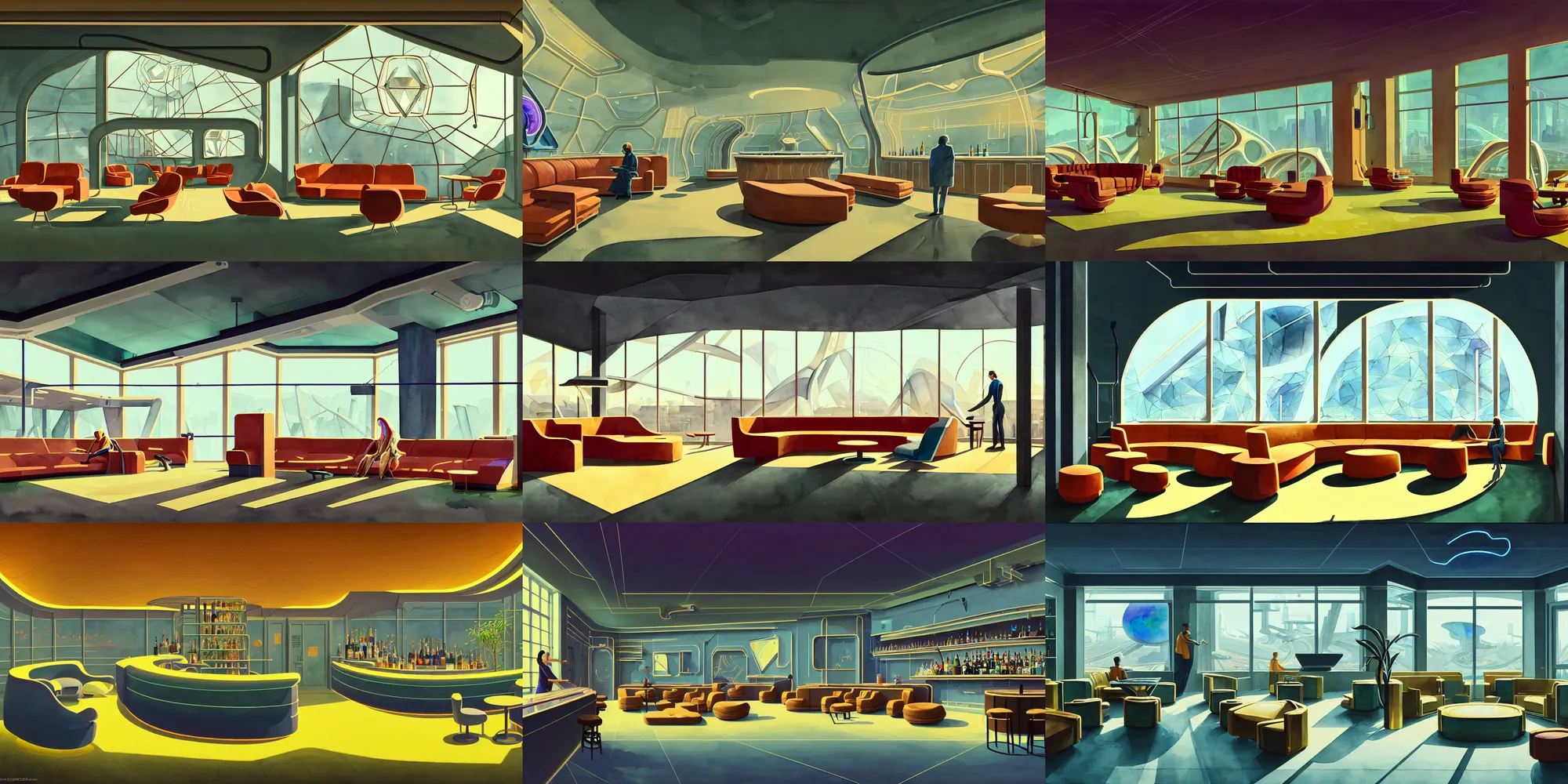 Prompt: a beautiful illustration of futuristic bar, lots of furniture, sofa, waiting room, big medium small, sacred geometry, golden ratio, in watercolor gouache detailed paintings, in style of syd mead, trending on artstation, 8 k, panel, hard surface, vent, zaha hadid, props, plant, cozy, decoration around the room, simon stalenhag, deus ex