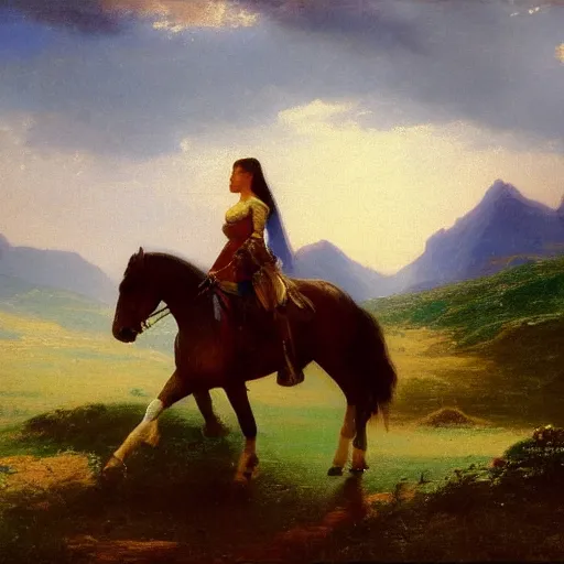 Image similar to female knight on horse, valley with mountains, by albert bierstadt