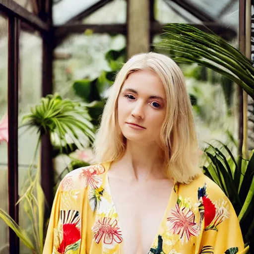 Image similar to head to shoulder portrait photograph of an elegant blond woman wearing a yellow kimono in a tropical greenhouse. looking at the camera!!. very detailed barn owl on her shoulder!!!. super resolution. 85 mm f1.8 lens.bokeh.graflex. by Alessio albi !