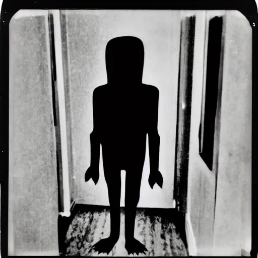 Image similar to Old polaroid of a dark spindly figure standing at the end of a dim hallway, liminal, creepypasta