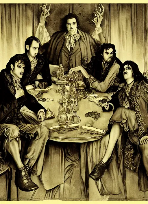 Prompt: old movie poster from 8 0 - s with three vampires from < < what we do in the shadows > > sitting around a table, baroque style art by gustave dore, gray lights in the background, dramatic light, 4 k