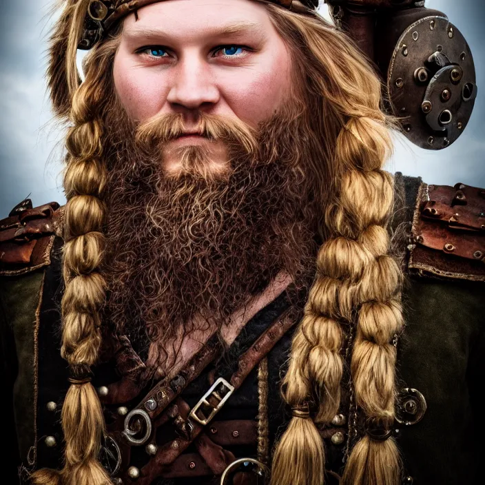 Prompt: portrait full shot photograph of a real-life steampunk viking, Extremely detailed. 8k