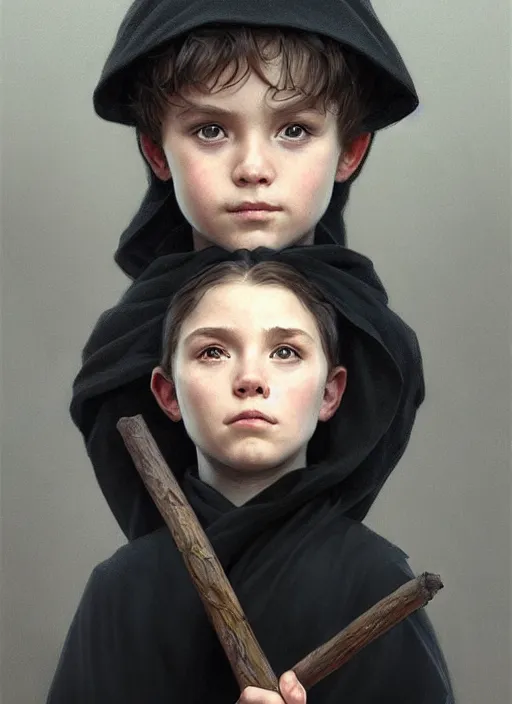 Image similar to perfectly - centered - portrait of a kid wearing black cloak holding stick, intricate, highly detailed, digital painting, artstation, concept art, smooth, sharp focus, illustration, unreal engine 5, 8 k, art by artgerm and greg rutkowski and alphonse mucha