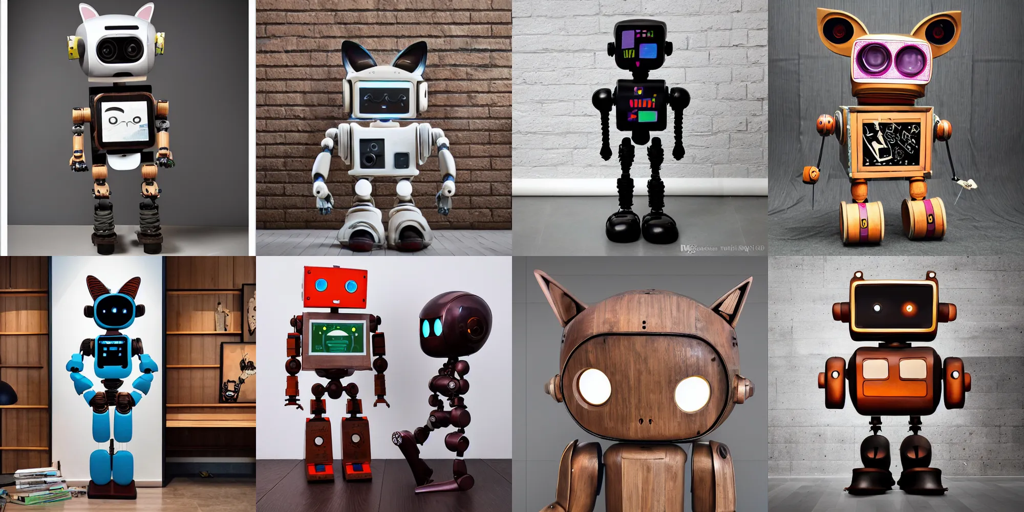 Prompt: 8k octan advertising photo, a totally wooden sculpture collection art toys on feet, very cute robot zen with cat ears cyberpunk a contemporary art gallery-C 1.0