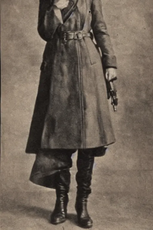 Image similar to photograph of soviet chekist comrade emma watson, standing in a long leather coat with mauser pistol, vintage revolution photograph, famous photo