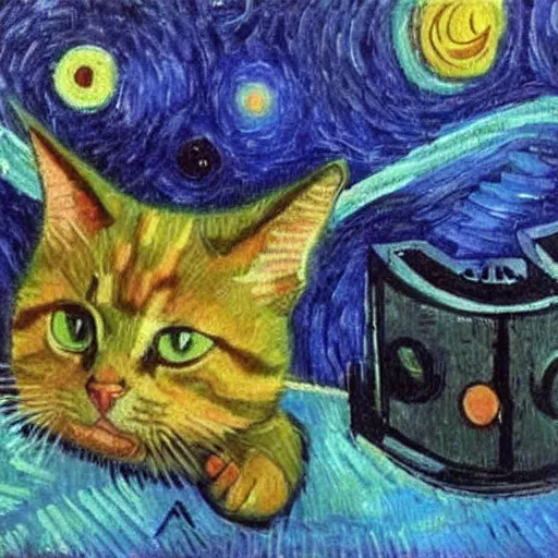 Prompt: a cat in outer space , oil painting by vincent van gogh