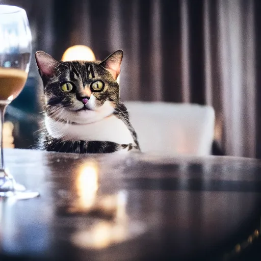 Image similar to a photo of a cat drinking expensive champagne in a fancy dark bar, mood lighting, f 1. 8, iso 1 6 0 0