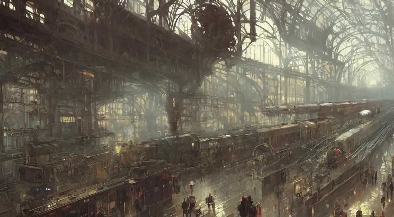 Image similar to subway station with an arriving steam train, highly detailed, digital painting, artstation, concept art, smooth, sharp focus, steampunk illustration, art by greg rutkowski and alphonse mucha