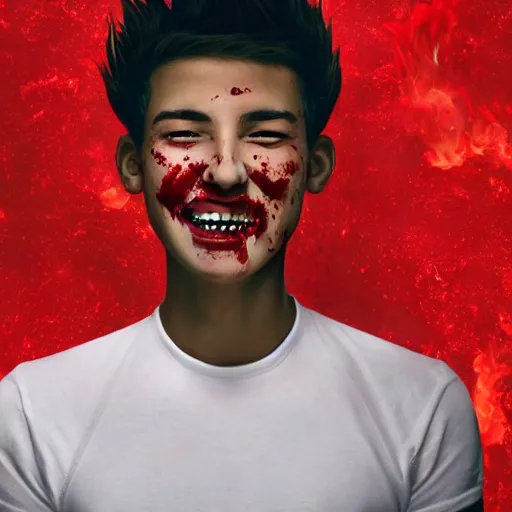 Image similar to a male cartoon teen in red with blood and an evil grin with injuries wearing white shirt on a burning background and short hair