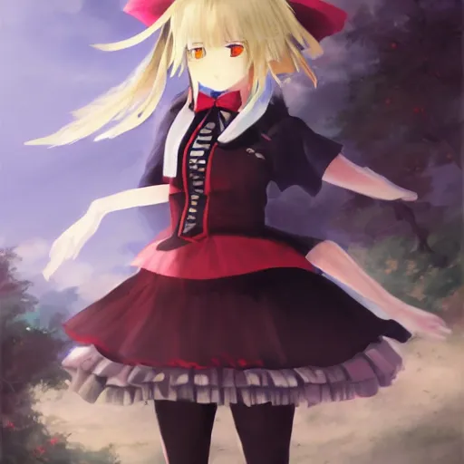 Image similar to Kirisame Marisa, touhou project, ZUN, beautiful portrait, oil on canvas, official artwork, trending on artstation, in the style of Antoine Blanchard, wide strokes