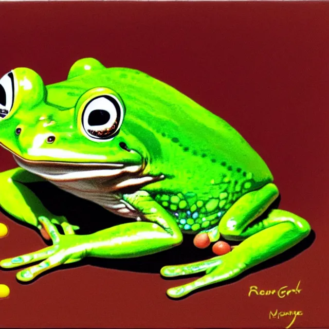 Image similar to painting of a smiling green frog with rosy cheeks stirring a steaming bowl of brown beans. the frog is in the sitting position and has a small yellow oval belly. green yellow pink splotchy background.