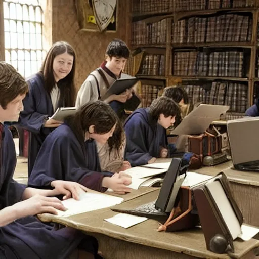 Prompt: Photo of student wizards using a computer in Hogwarts