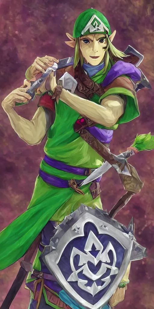 Image similar to link dressed in traditional green tunic and cap, holding the master sword and hylian shield in each hand, in dynamic fighting pose, clear detailed face with focused expression, mystical forest background, dark skies, green purple blue pink iridescent color scheme, intricately detailed, finely textured, cgsociety