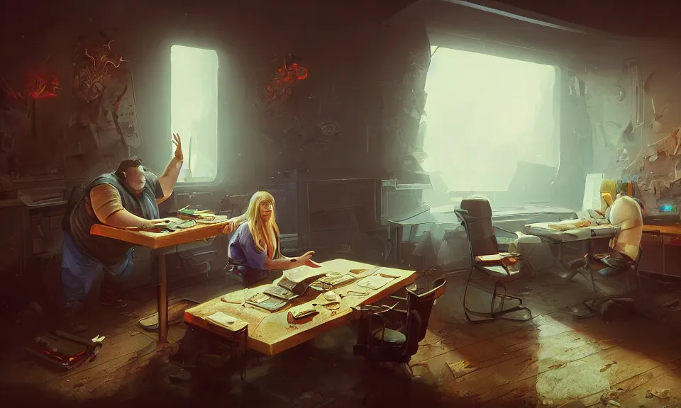 Image similar to artstation scifi scene of a shabby american room in 1 9 7 0 s, a fat man plays dungeons and dragons with bountiful girl ghost, unreal engine 5, hyper realism, realistic shading, cinematic composition, blender render, octane render, hdr, detailed textures, photorealistic, wide shot