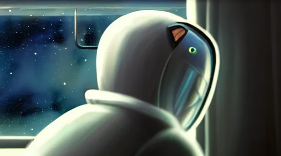 Image similar to cat seen from behind wearing a spacesuit in a space station watching the stars trough a large window, digital painting, dramatic lighting, highly detailed, artstation, concept art