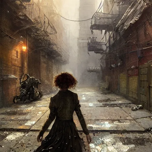 Image similar to sadie sink quickly runs by us | a mechanical monstrosity runs towards us | background : alleyway near decaying tenements. concept art for scifi dystopian film. by nikolay makovsky, bob byerley, wadim kashin, andrea kowch. cinematic moody atmosphere, detailed and intricate, perfect anatomy