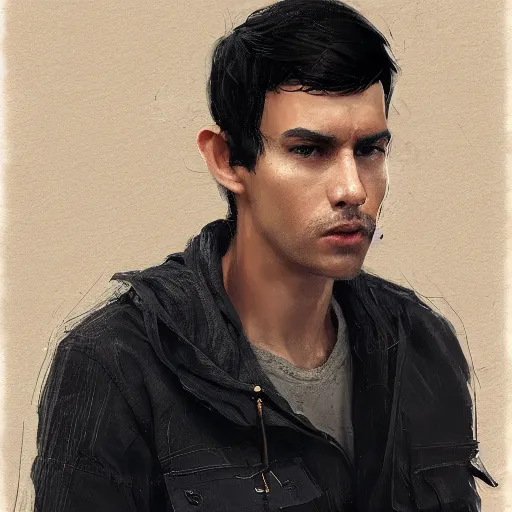 Image similar to portrait of a man by greg rutkowski, he is about 3 0 years old, short black hair with bangs, his features are peruvian, very tall and slender, he is wearing a beige and black utility jumpsuit, highly detailed portrait, digital painting, artstation, concept art, smooth, sharp focus ilustration, artstation hq