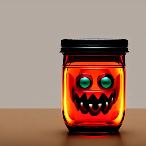 Image similar to Evil monster in a jar, product photography, centered, studio lightning