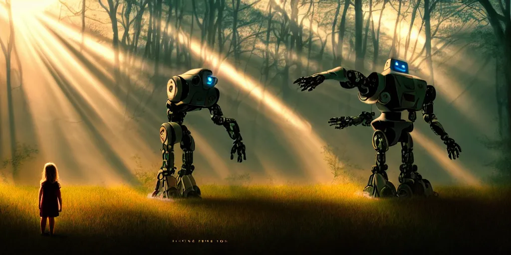 Image similar to sci - fi scene future new york, little girl alone holding onto the outstretched hand of a giant robot, forest punk, little girl meets robot, crepuscular rays, epic scene, hyper realistic, photo realistic, overgrowth, cinematic atmosphere, ethereal lighting,