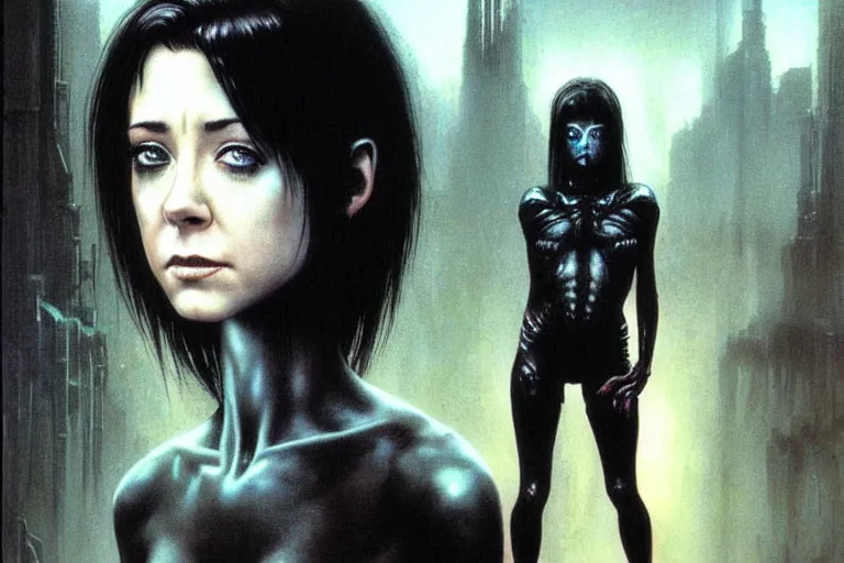 Image similar to cute young alyson hannigan with short hairs in dark city by luis royo and wayne barlowe, beksinski